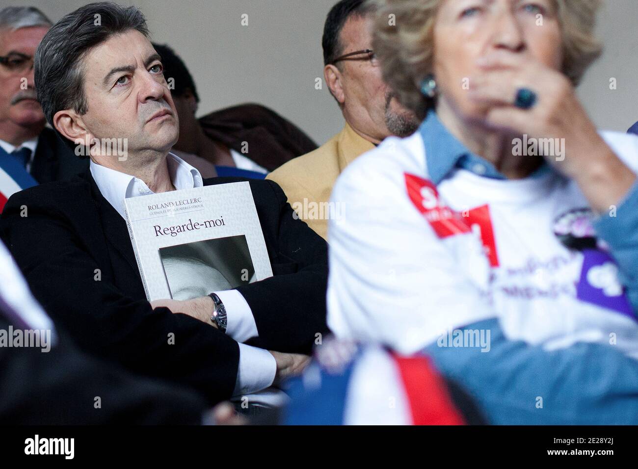 Front de Gauche candidate Jean-Luc Melenchon and Maya Surdut attend during a press conference next to a gathering of the personal of the maternity of the Lilas for the maintenance and the rebuilding the maternity, in Les Lilas, suburbs of Paris, France on September 24, 2011. Photo by Stephane Lemouton/ABACAPRESS.COM Stock Photo