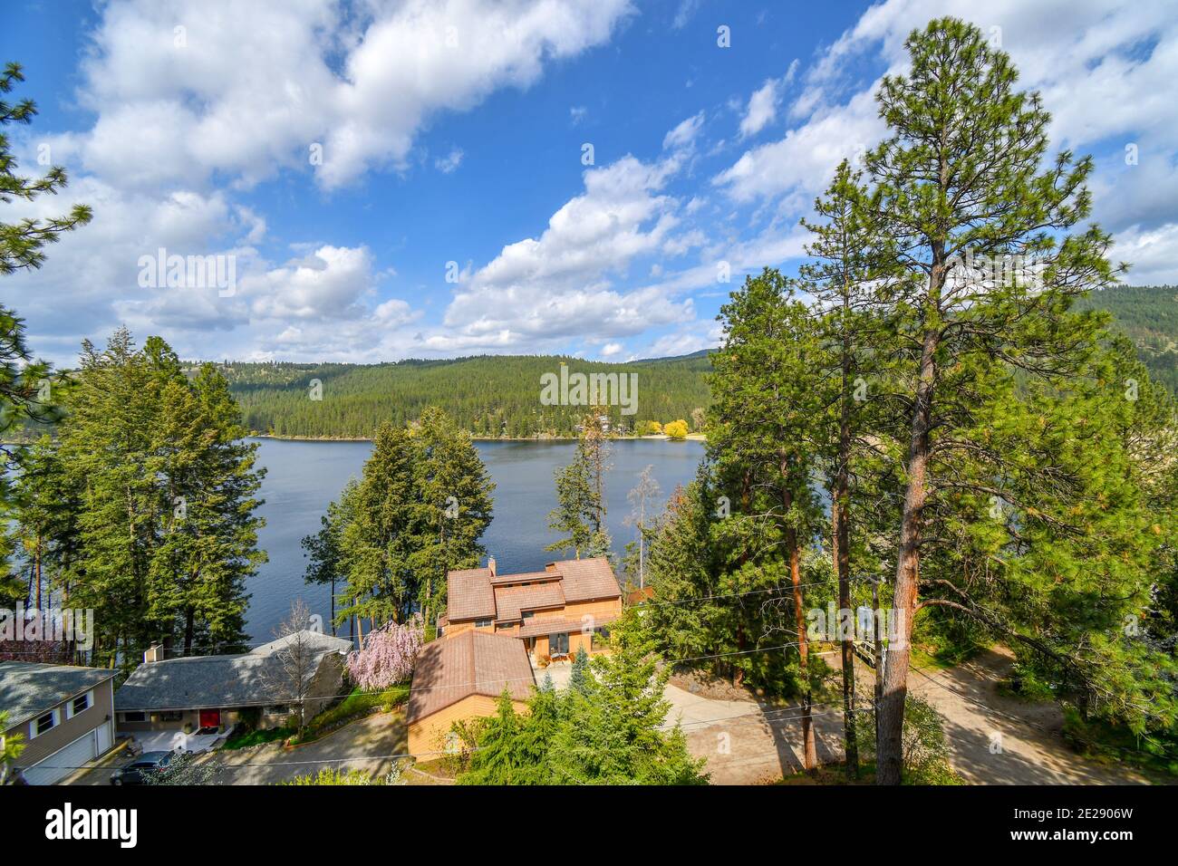 View from above an upscale waterfront community along Liberty Lake, in