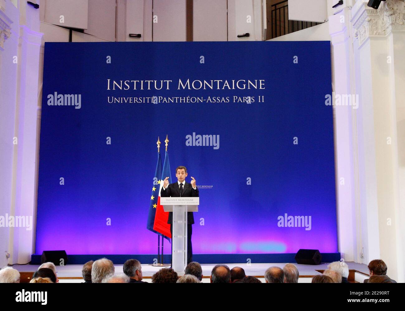 French President Nicolas Sarkozy delivers a speech about French higher education reforms at Intsitut Montaigne at the University Pantheon-Assas Paris II in Paris, France on September 26, 2011. Photo by Ludovic/Pool/ABACAPRESS.COM Stock Photo