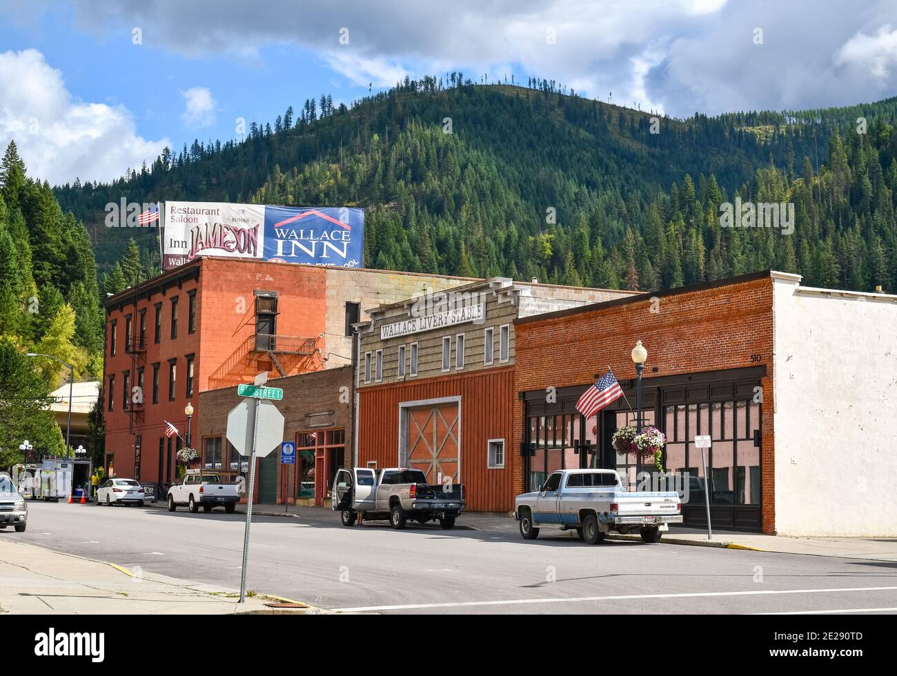 A typical street in the historic mining town of Wallace, Idaho, in the