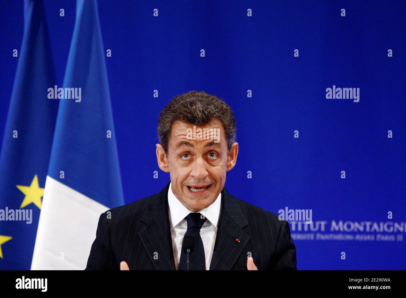 French President Nicolas Sarkozy delivers a speech about French higher education reforms at Intsitut Montaigne at the University Pantheon-Assas Paris II in Paris, France on September 26, 2011. Photo by Ludovic/Pool/ABACAPRESS.COM Stock Photo