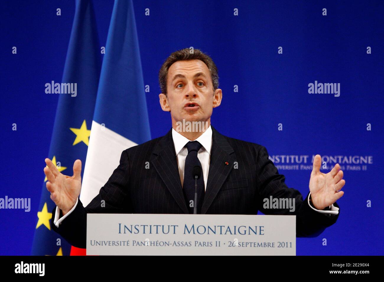 French President Nicolas Sarkozy delivers a speech about French higher education reforms at Intsitut Montaigne at the University Pantheon-Assas Paris II in Paris, France on September 26, 2011. Photo by Ludovic/Pool/ABACAPRESS.COM Stock Photo