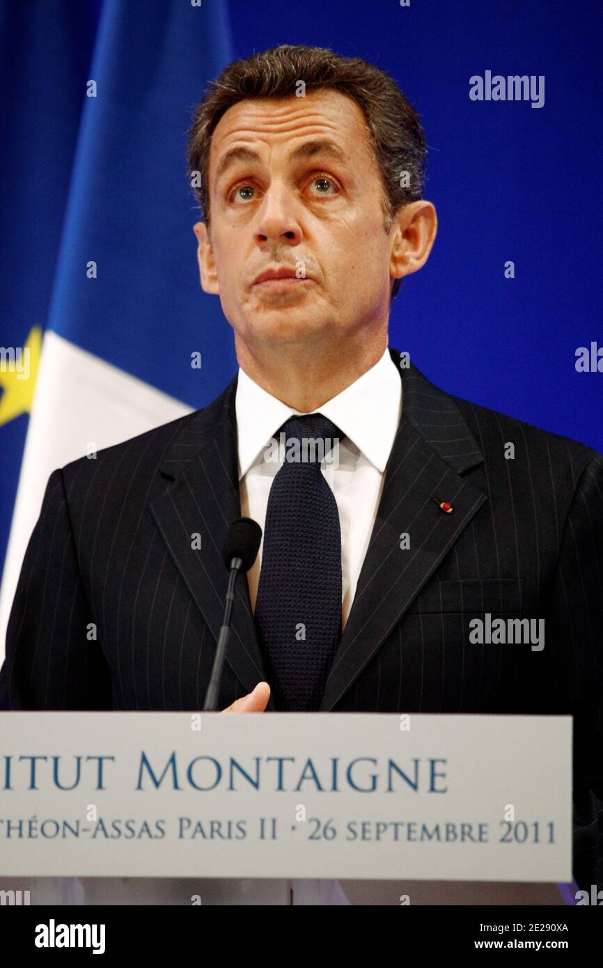 French President Nicolas Sarkozy delivers a speech about French higher education reforms at Intsitut Montaigne at the University Pantheon-Assas Paris II in Paris, France on September 26, 2011. Photo by Ludovic/Pool/ABACAPRESS.COM Stock Photo