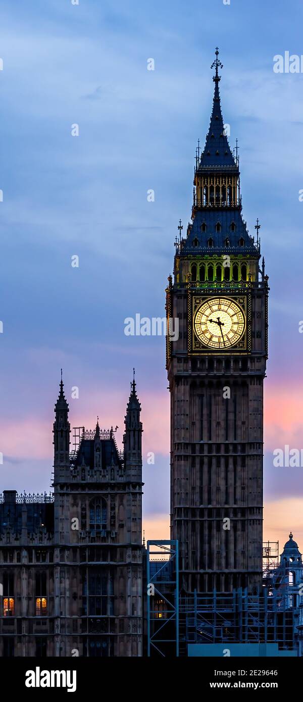 A vertical view of Big Ben clock tower at the north end of the Palace of Westminster in London, UK Stock Photo