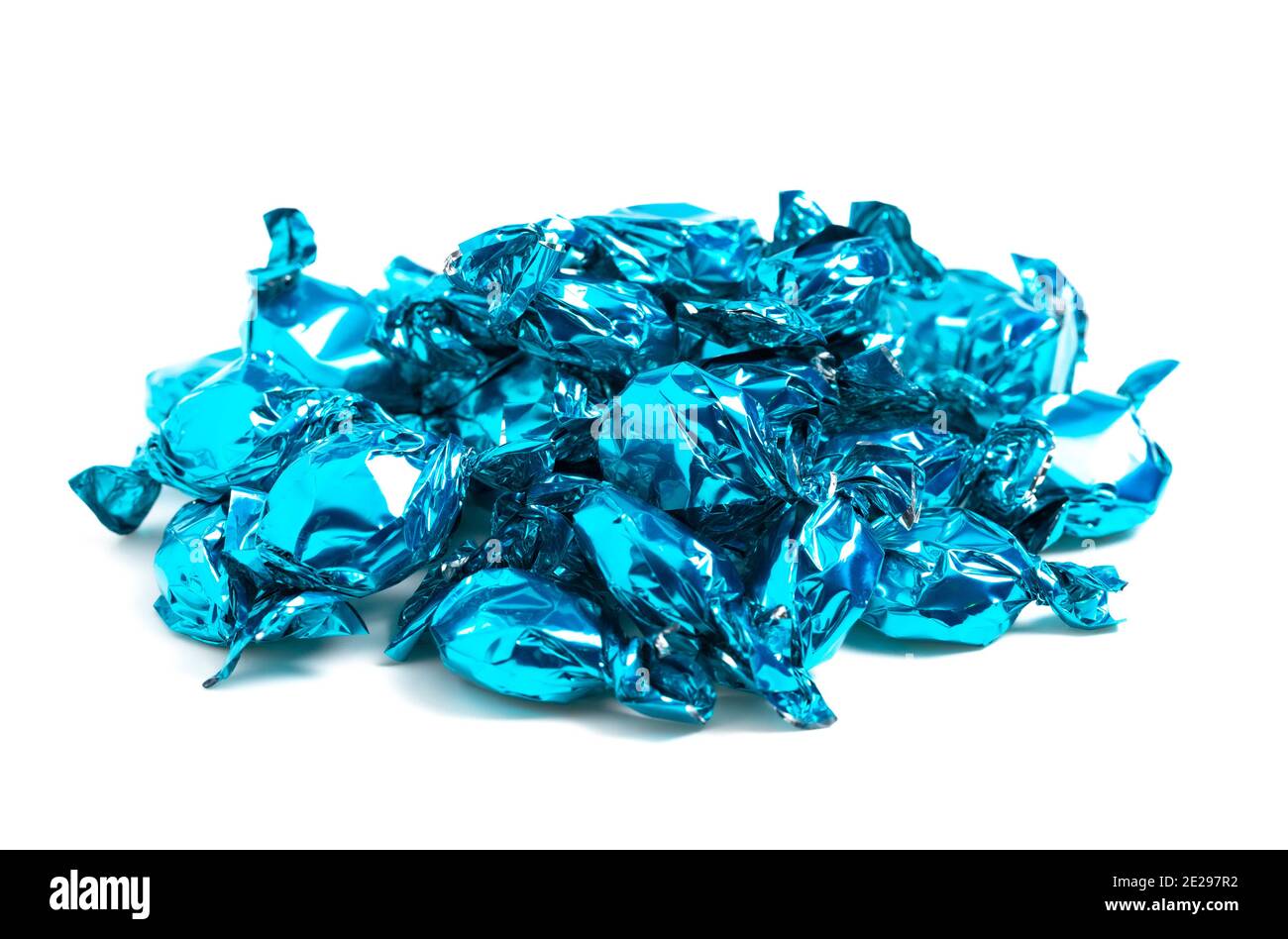 A Pile of Blue Wrapped Candy Isolated on a White Background Stock Photo