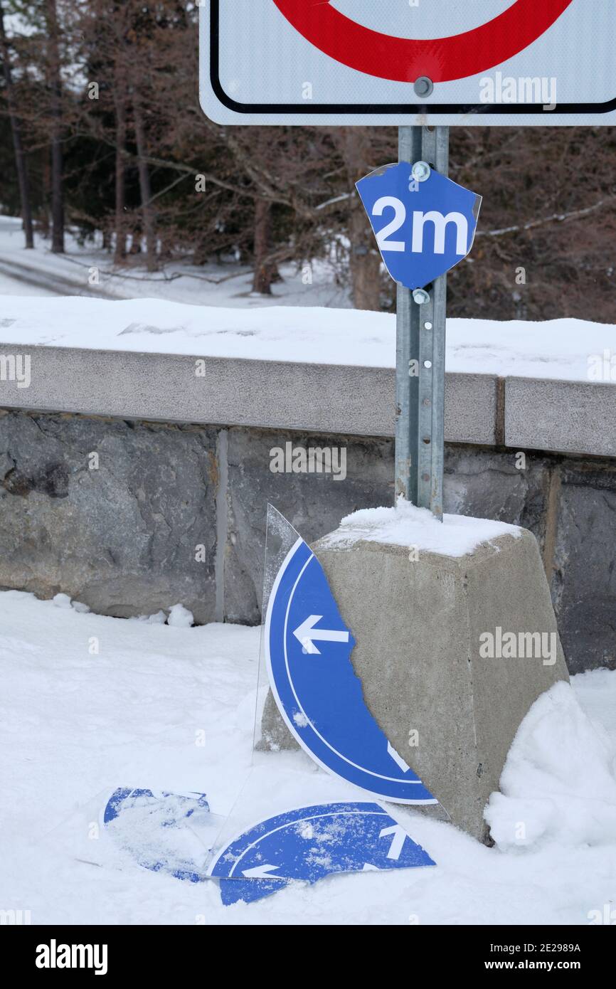 Broken 2m social distancing sign as a protest against Pandemic measures in Ottawa, Canada Stock Photo