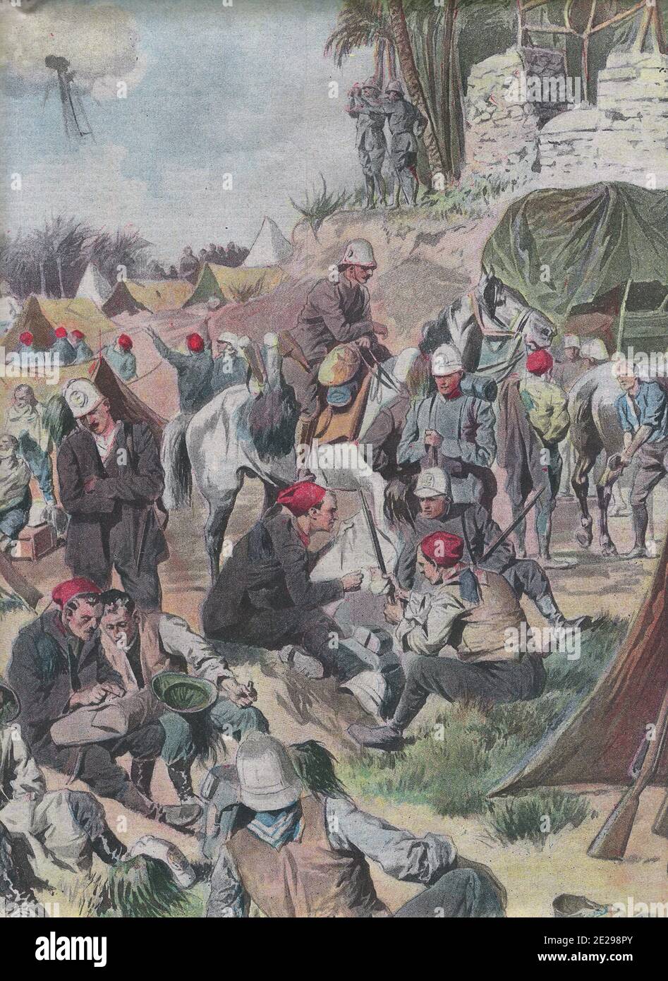 Our Soldiers in Tripoli in the hours of tranquility - Italian illustration, circa 1911 Stock Photo