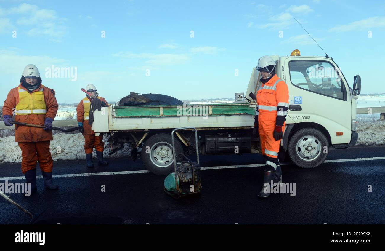 Japanese road construction workers in Hokkaido, Japan Stock Photo Alamy