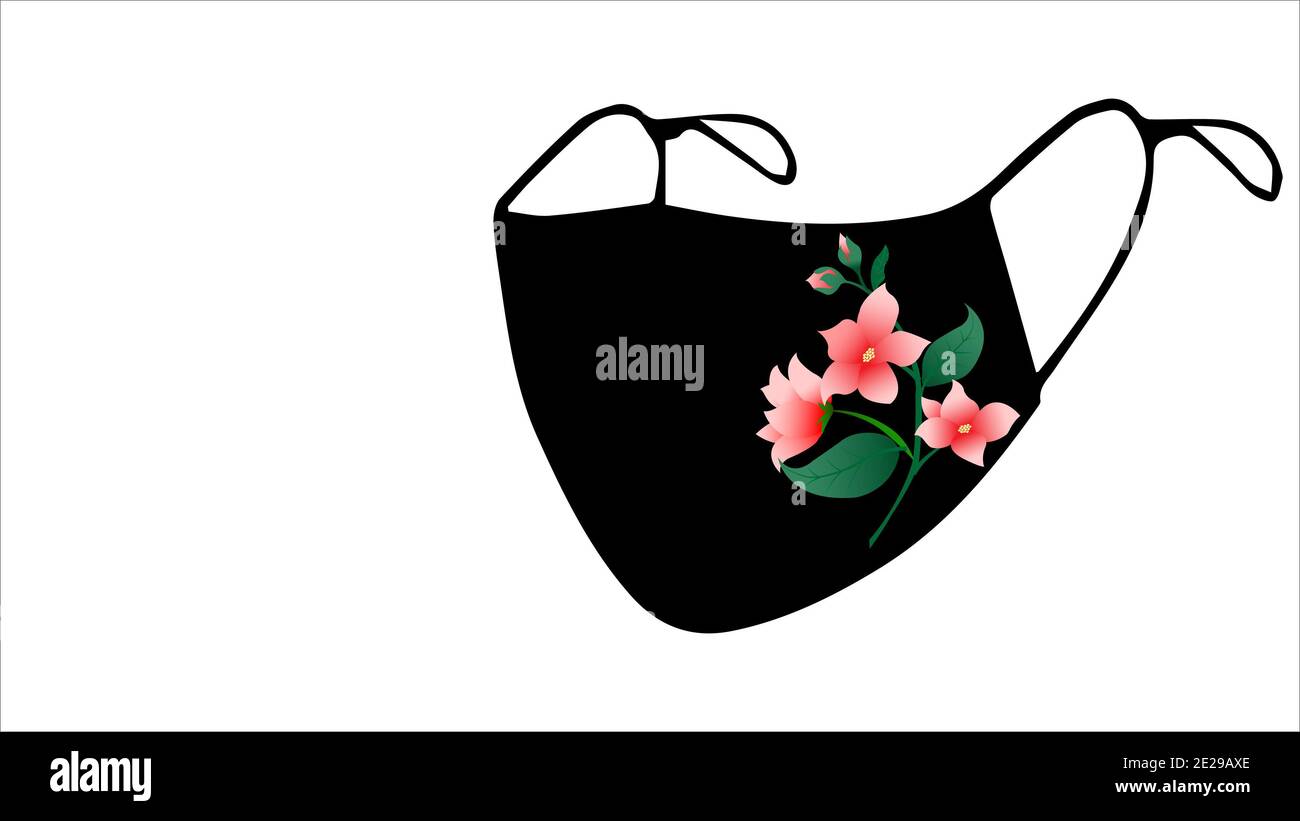 Black face mask with flowers print isolated on a white background Stock