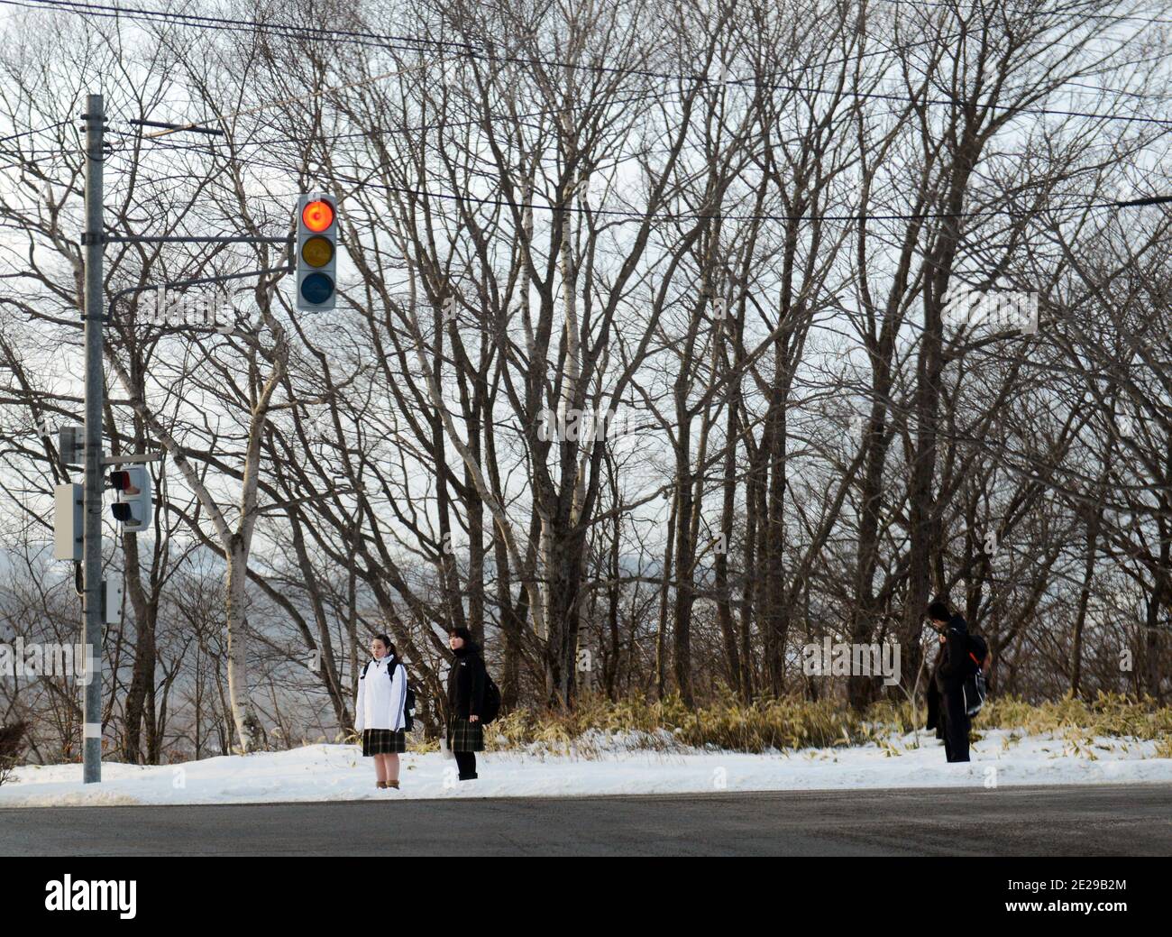 Japanese school girls in Hokkaido, Japan. Stock Photo