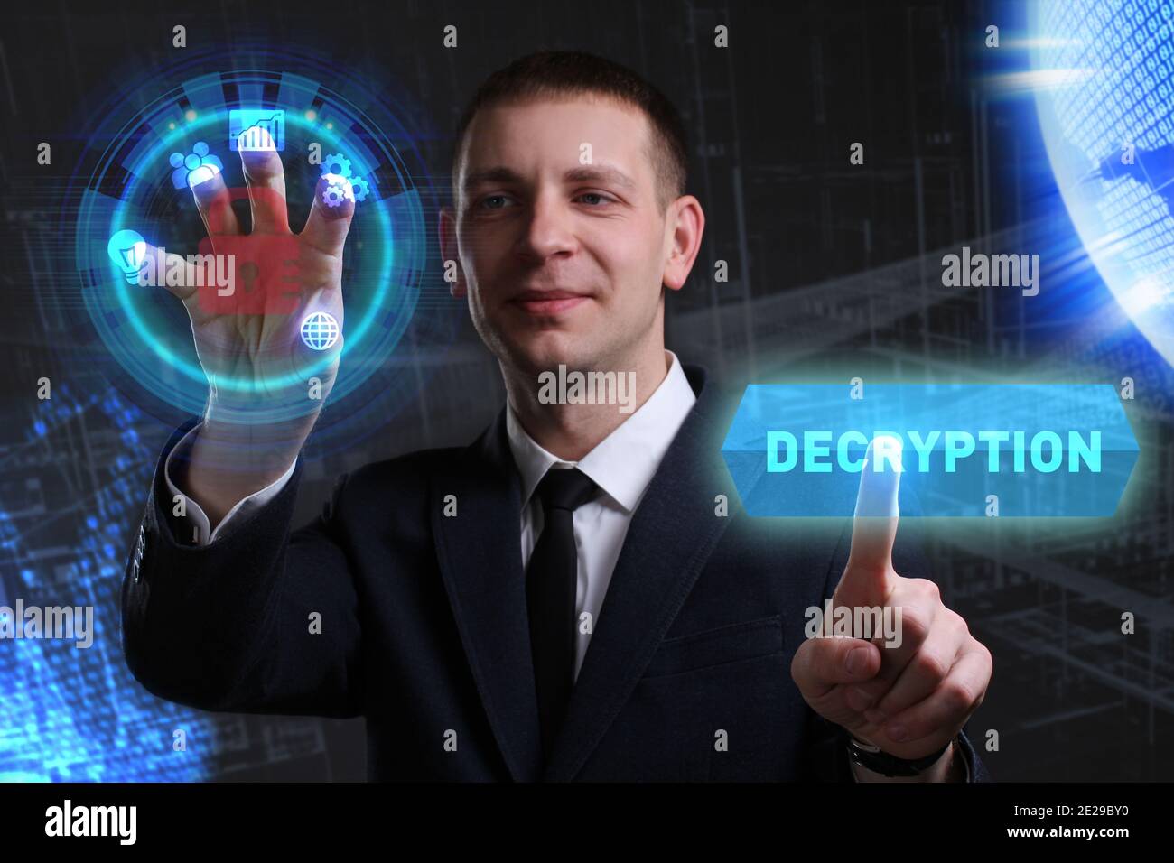 Business, Technology, Internet and network concept. Young businessman working on a virtual screen of the future and sees the inscription: Decryption Stock Photo