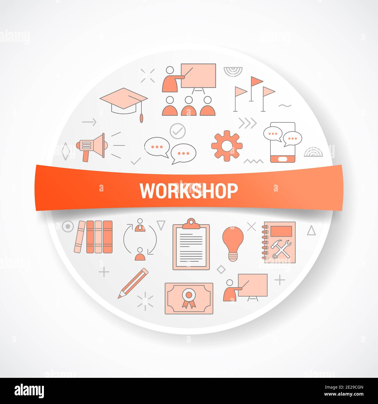 workshop with icon concept with round or circle shape vector ...