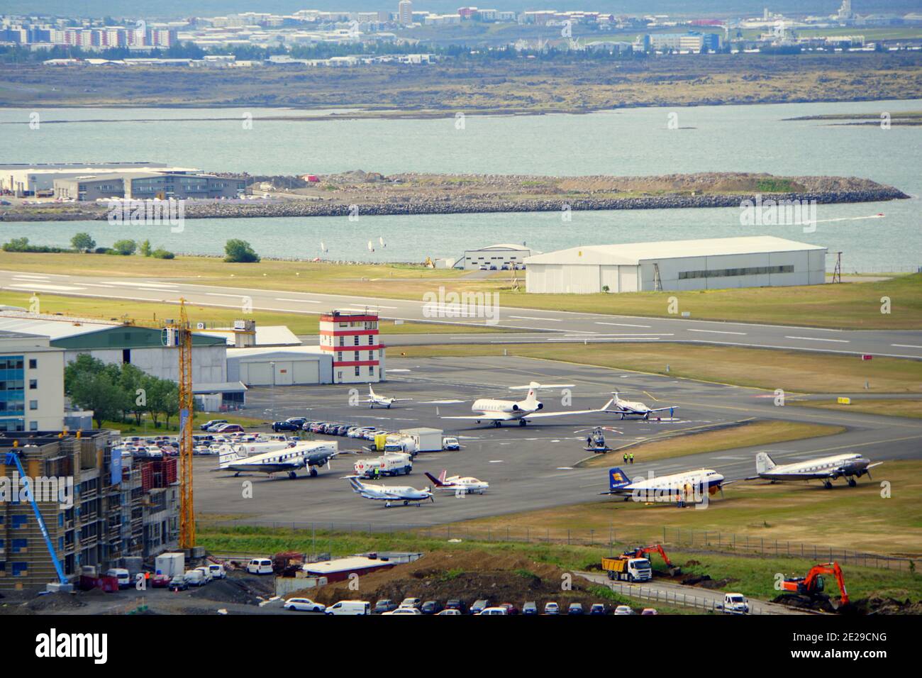 Reykjavik, Iceland - June 20, 2019 - The aerial view of the airport by the bay Stock Photo
