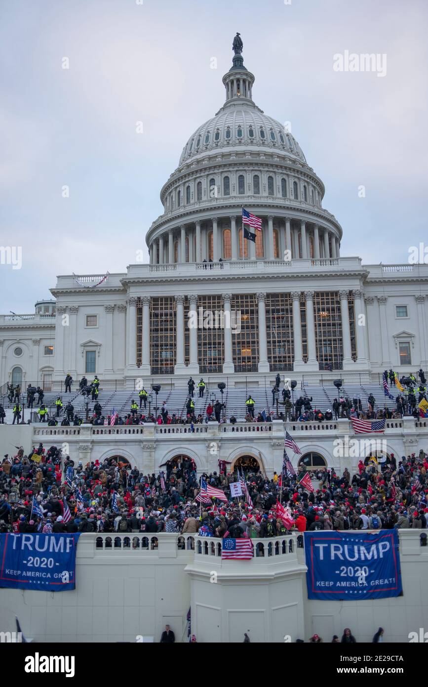 January 6th 2021. Large Crowds of Protesters at Capitol Hill with Donald Trump 2020 flags. US Capitol Building, Washington DC.USA Stock Photo