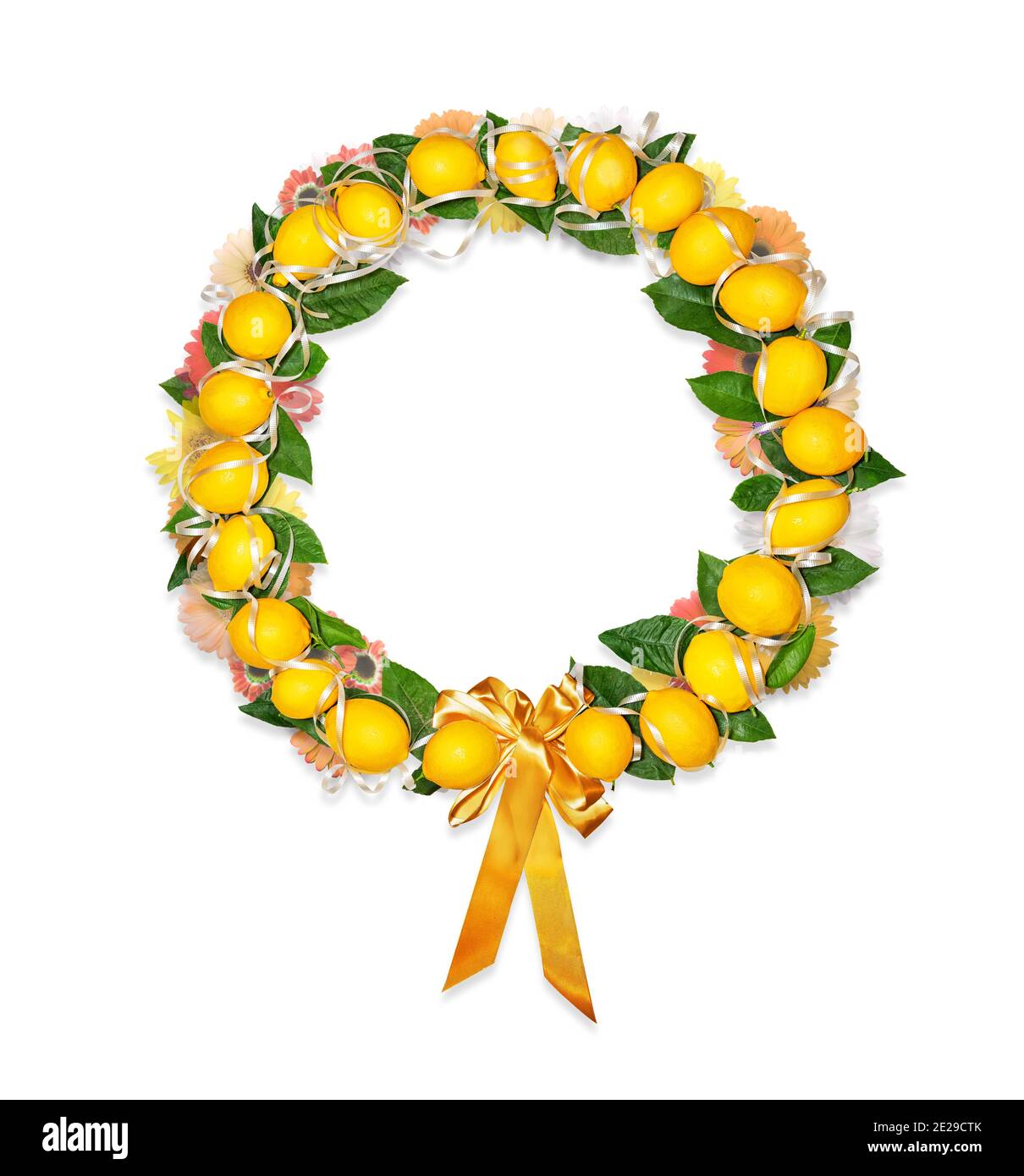 Round wreath with yellow lemons, leaves, flowers, and ribbon. Summer ...