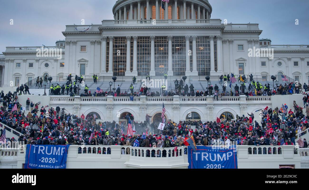 January 6th 2021. Capitol Police using teargas on Large Crowds of riots at US Capitol Building, Washington DC.USA Stock Photo
