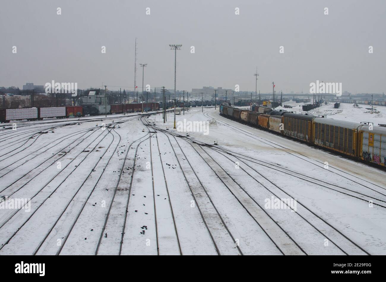 Trains at the CP Winnipeg Yard covered in snow on a cold January day
