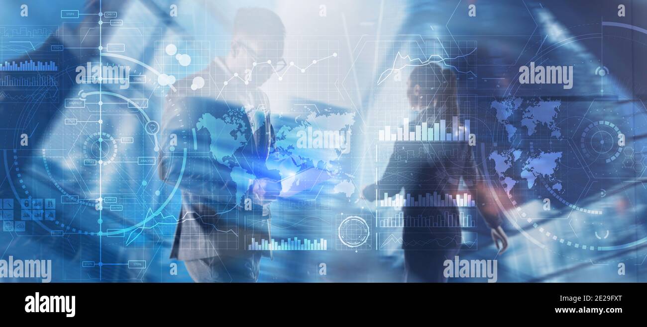 Diverse business team in city digital interface. Intelligence control panel Stock Photo