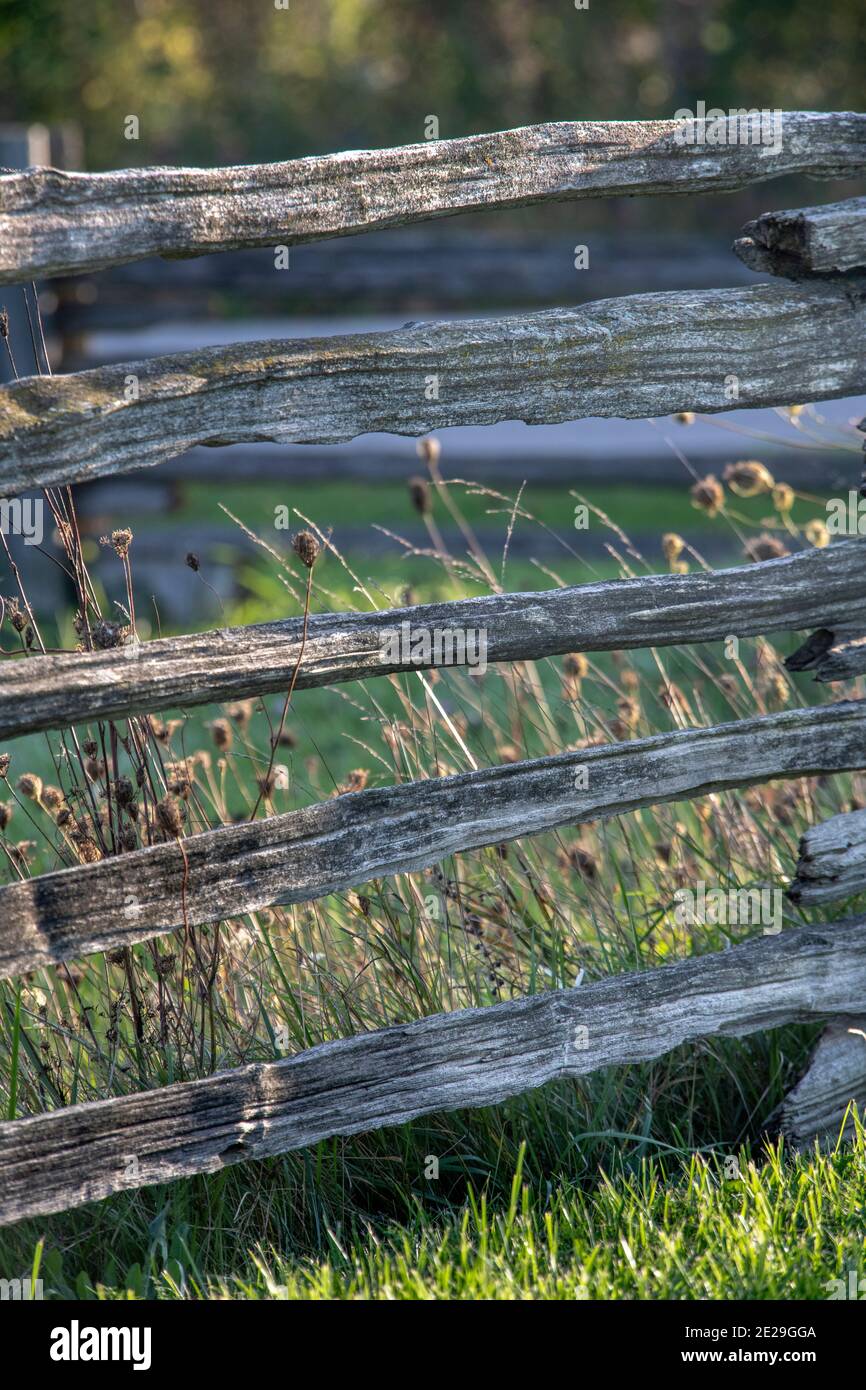 Old fence around a rural grass field Stock Photo