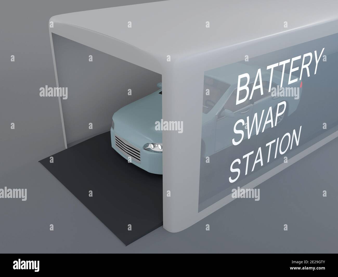 3D illustration of an electric car in a battery swap station Stock