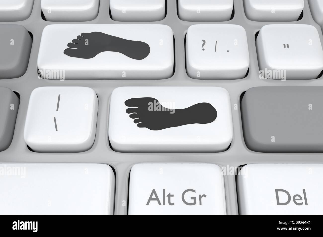 3D illustration of computer keyboard with footprints on two keys Stock