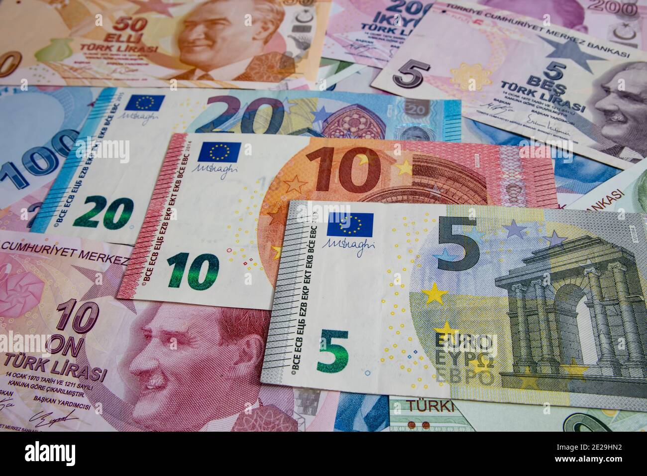 Close up Turkish lira and Euro banknotes on background Stock Photo - Alamy