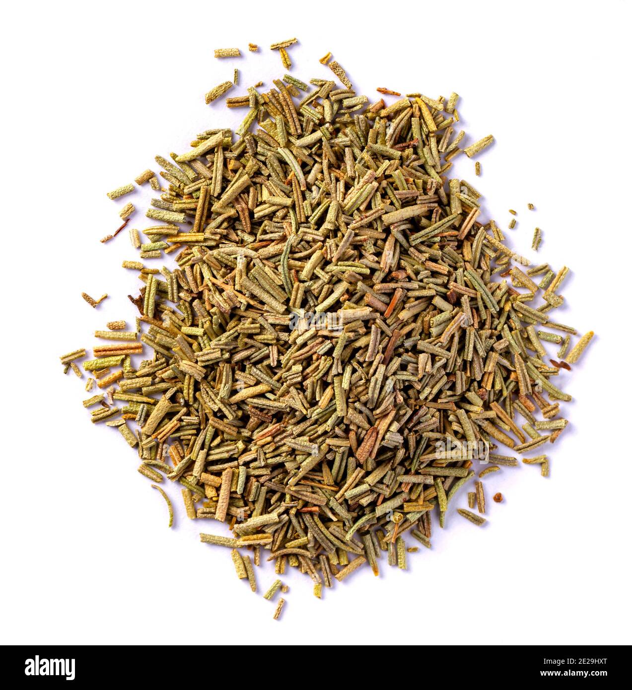 Pile of dried rosemary leaves isolated on white background. Top view
