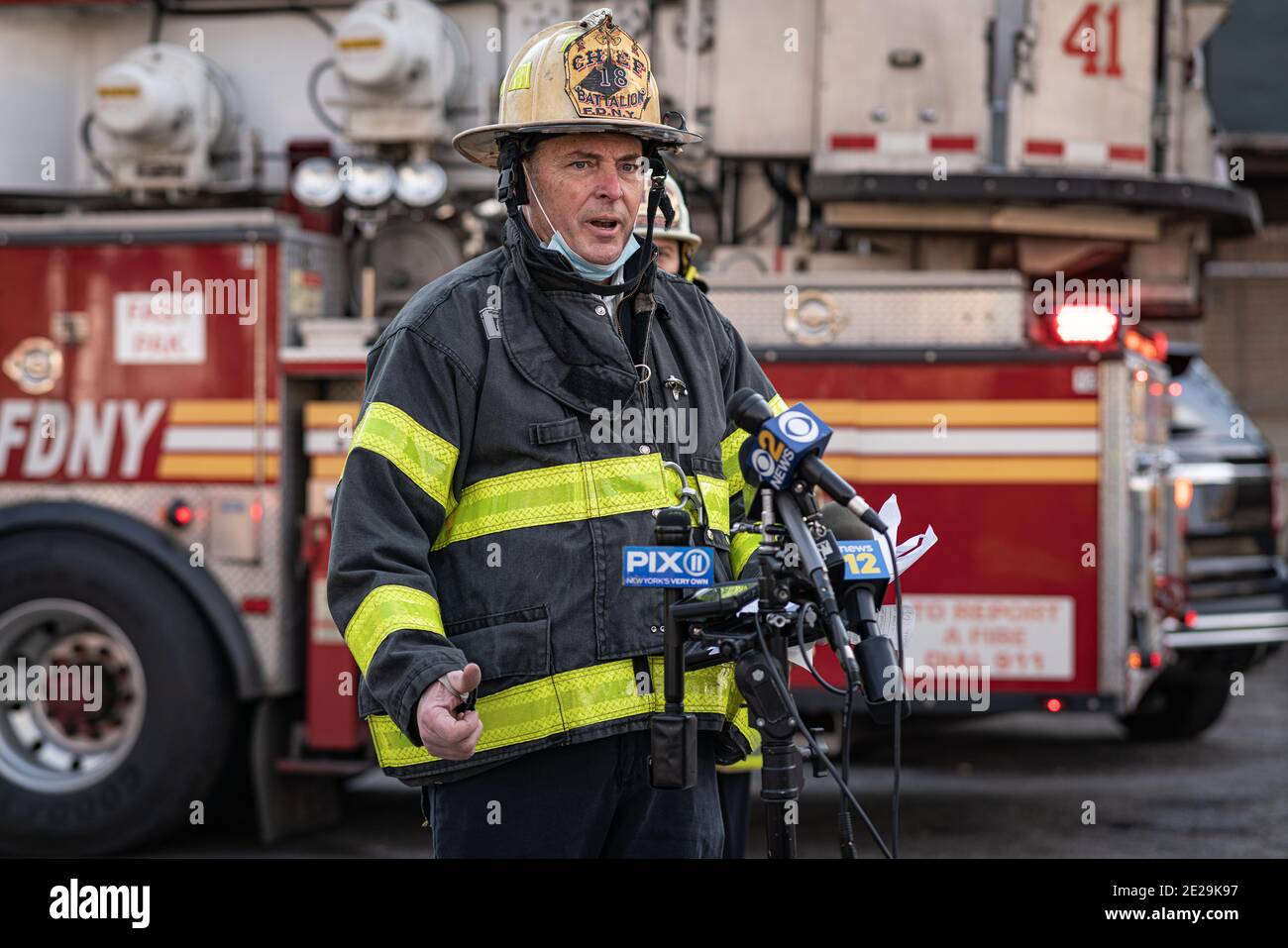 Bronx, United States. 12th Jan, 2021. FDNY Battalion 18 Chief holds a press  conference. New York City Fire Department responds to a fire in a  residential building in The Bronx. Eleven people