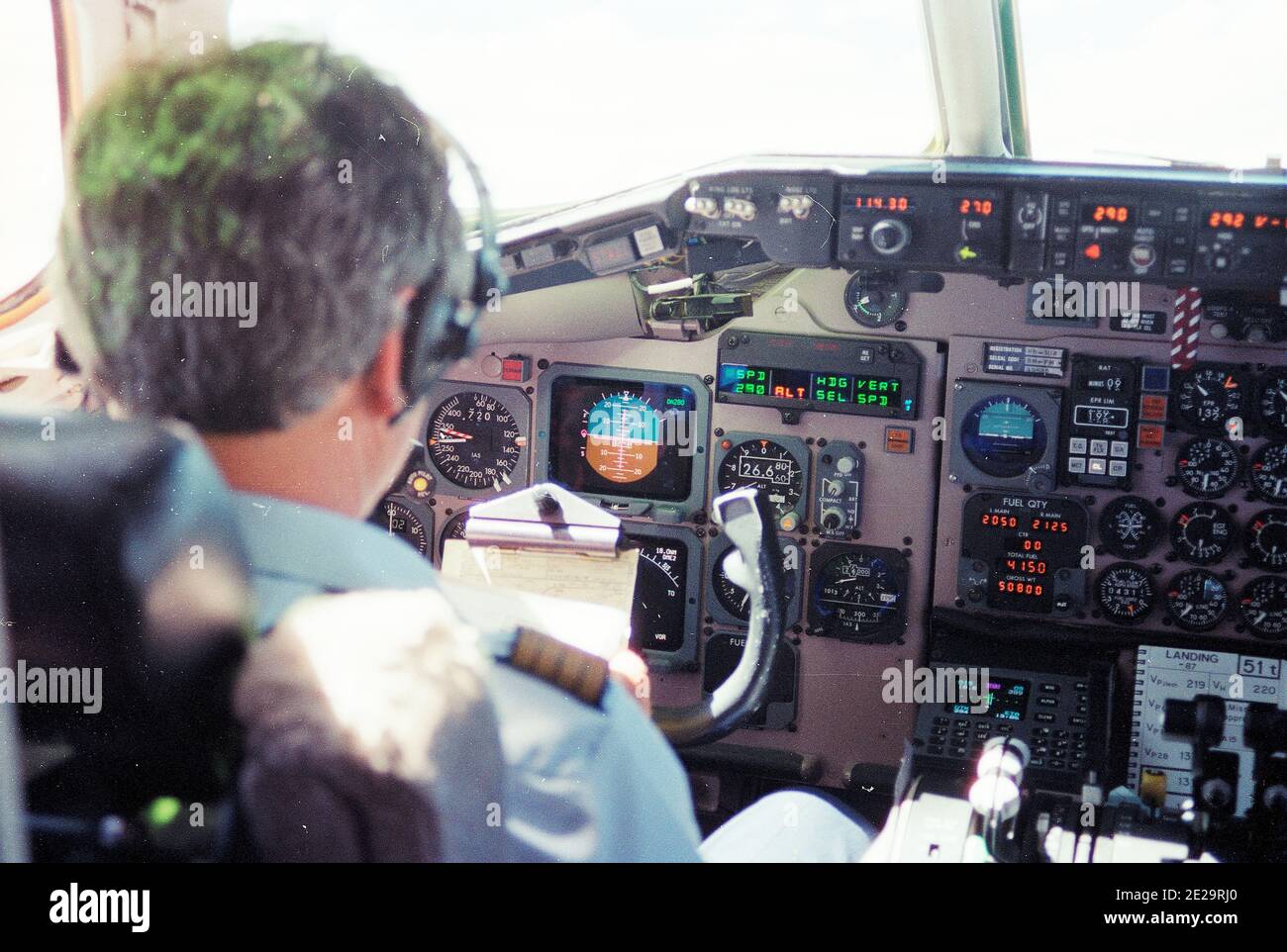 Cockpit view of the Swiss CTA MD-87 HB-IUA during flight at 27,000 feet altitude Stock Photo