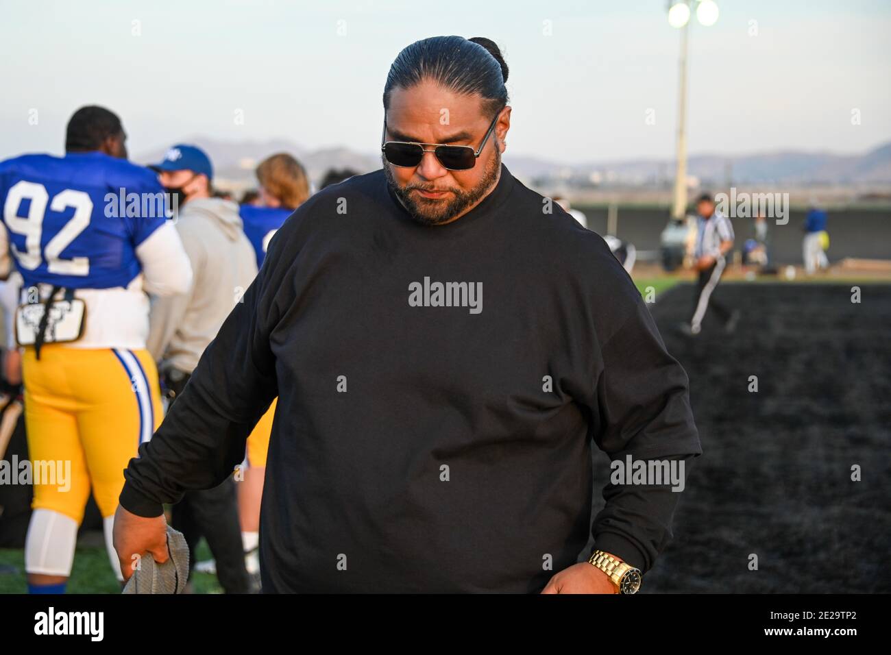 Dave Uiagalelei observes a football game, Sunday, Jan. 3, 2021, in Chino, Calif. (Dylan Stewart/Image of Sport) Stock Photo