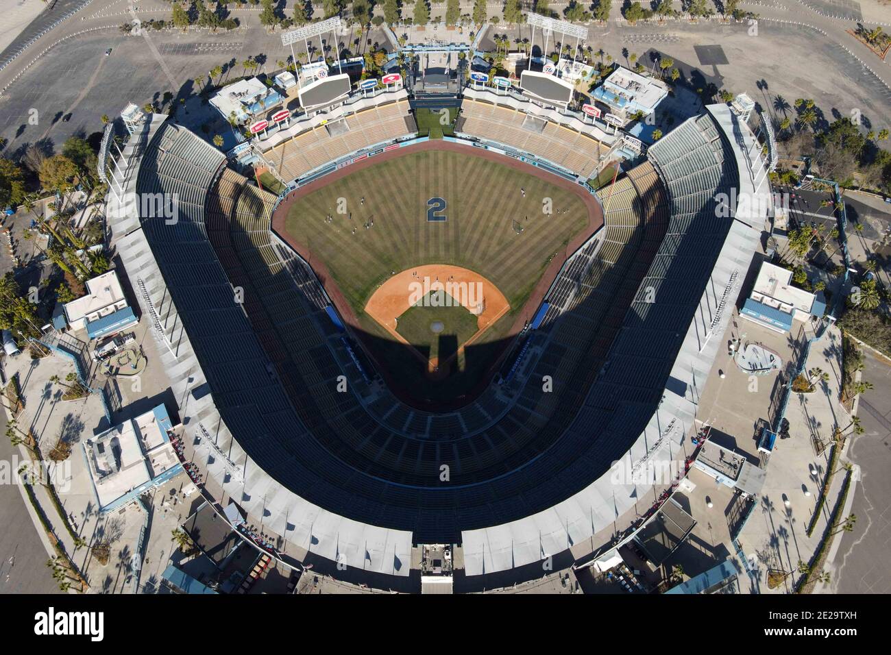 General overall aerial view of Dodger Stadium with No. 2 painted in ...
