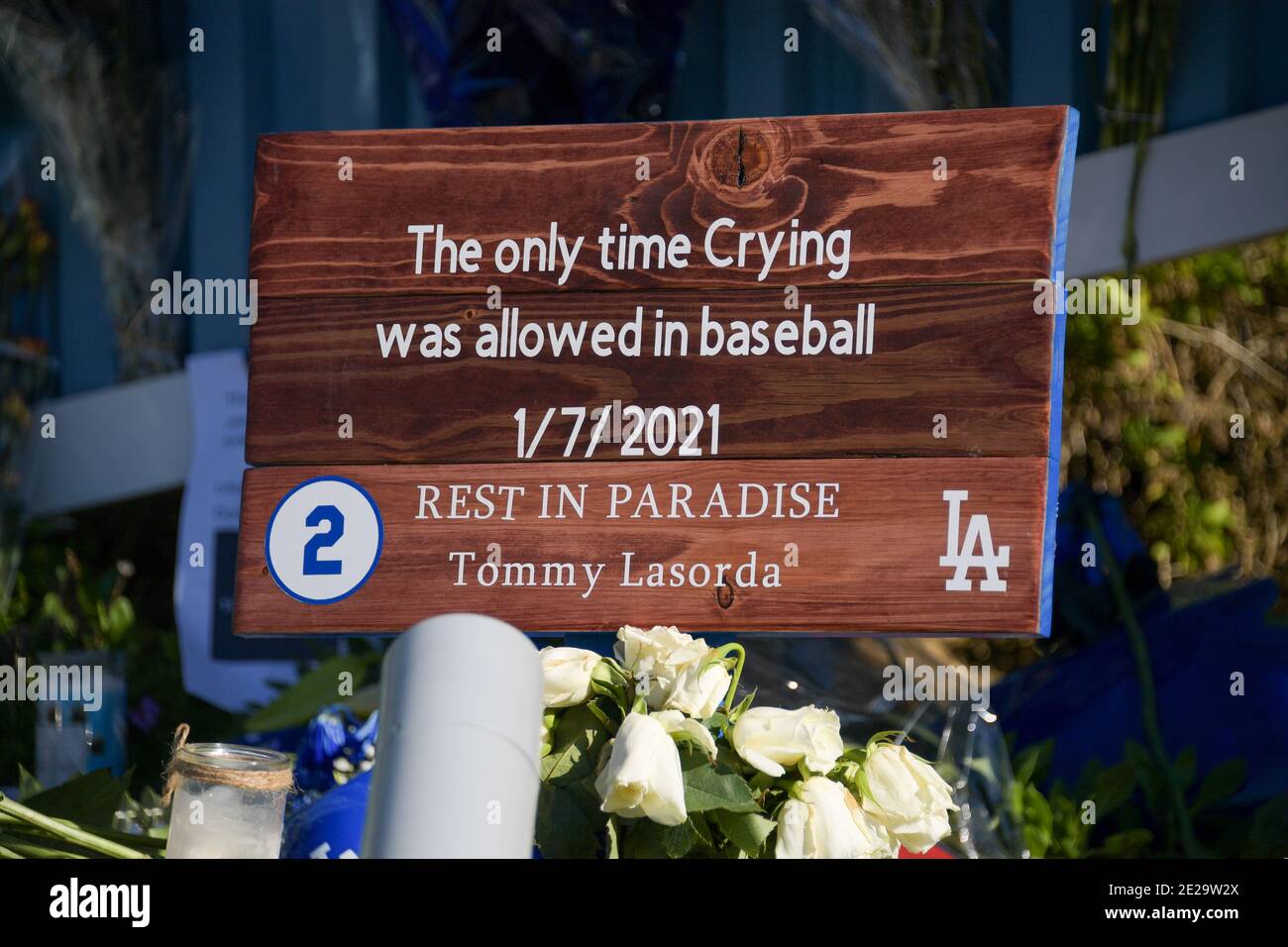 General overall view of flowers and signs placed outside Dodger Stadium to honor former Los Angeles Dodgers manager Tommy Lasorda, Sunday, Jan. 10, 20 Stock Photo