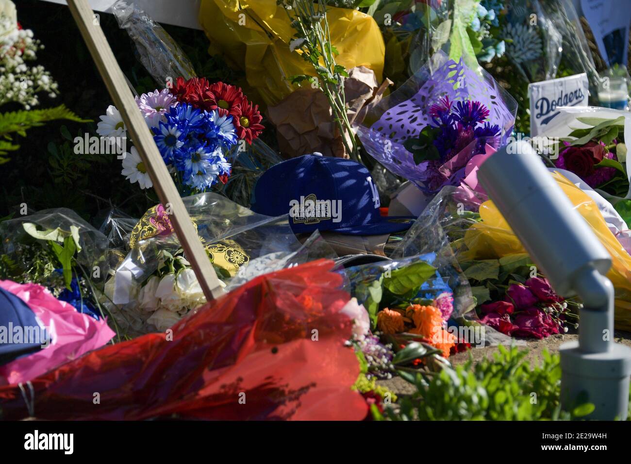 General overall view of flowers and signs placed outside Dodger Stadium to honor former Los Angeles Dodgers manager Tommy Lasorda, Sunday, Jan. 10, 20 Stock Photo
