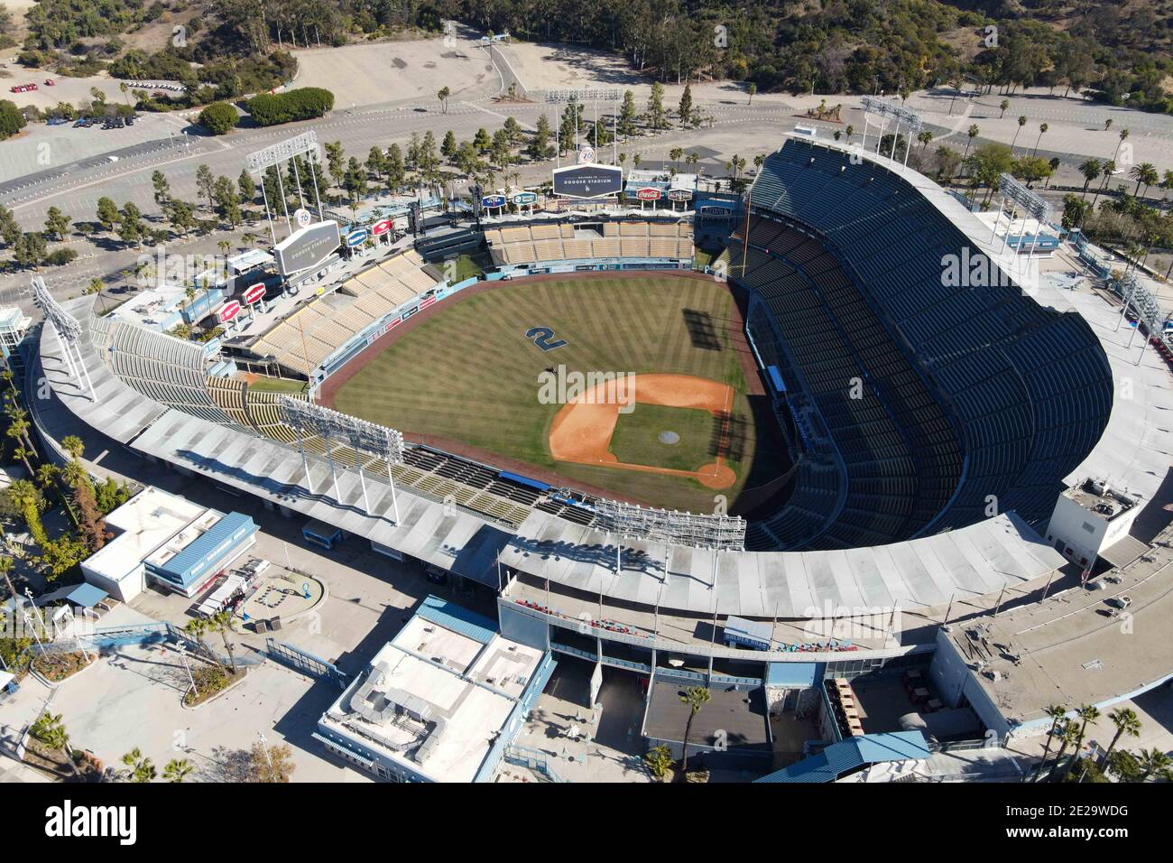 General overall aerial view of Dodger Stadium with No. 2 painted in ...