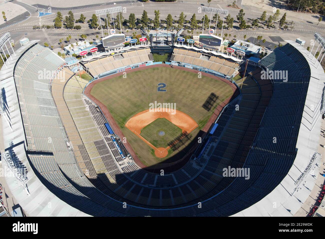 General overall aerial view of Dodger Stadium with No. 2 painted in ...