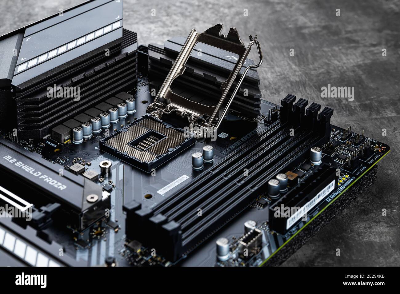 Varna, Bulgaria, January 08, 2021. MSI mag Z490 Tomahawk gaming motherboard with open CPU socket lever on a dark background. Modern pc hardware Stock Photo - Alamy