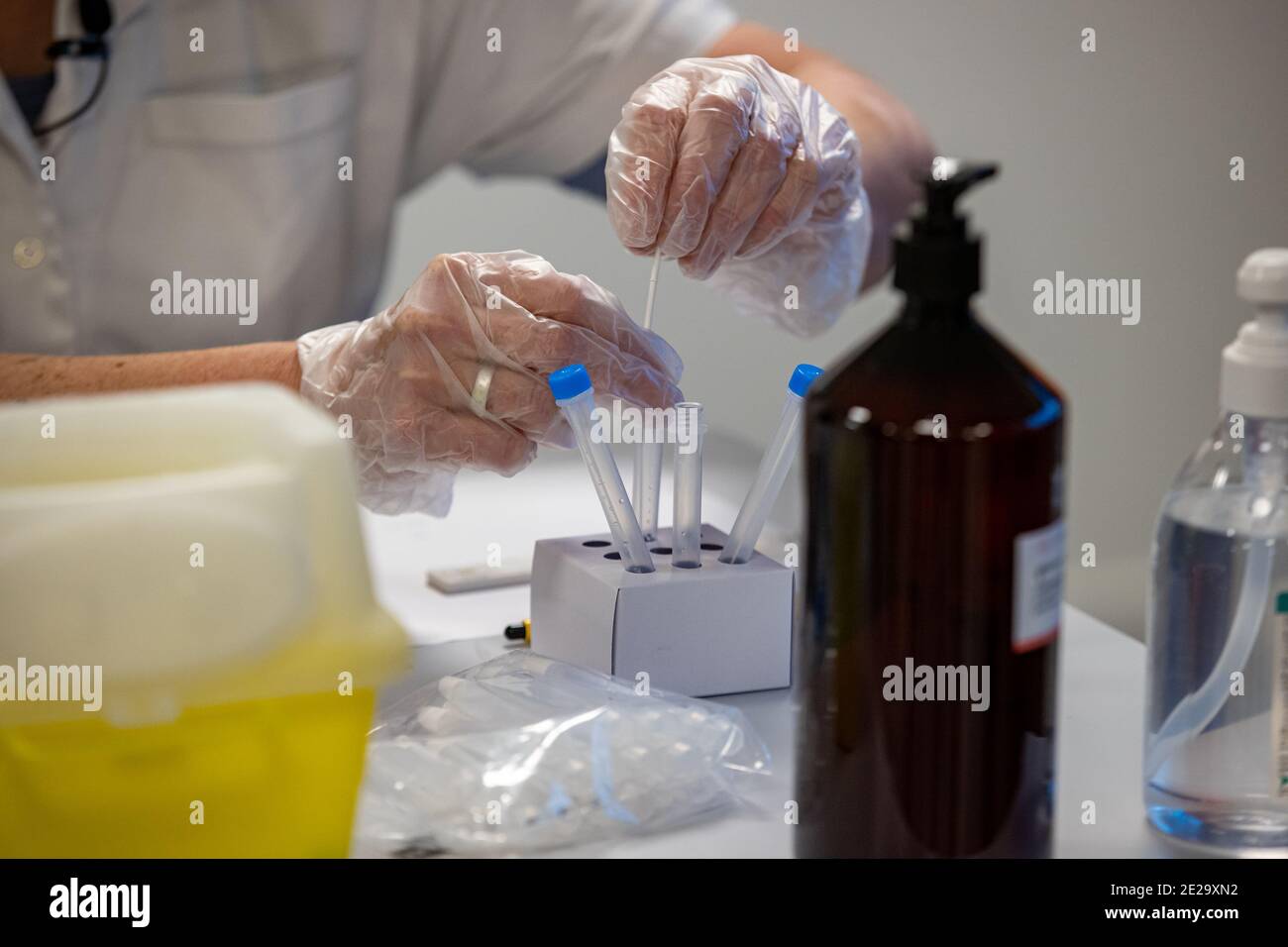 Illustration picture shows a press moment to start rapid testing at workplaces, at the 'REO Veiling' fruit and vegetable auction in Roeselare, Wednesd Stock Photo