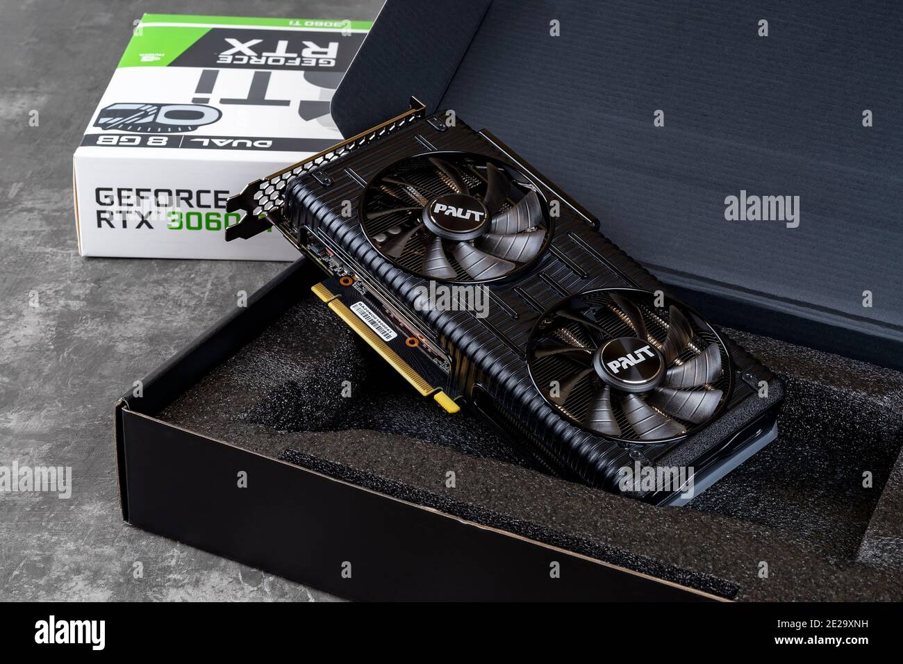Varna, Bulgaria, January 11, 2021. Palit Nvidia Geforce RTX 3060 Ti Dual OC  gaming graphics card in an open box against dark background Stock Photo -  Alamy