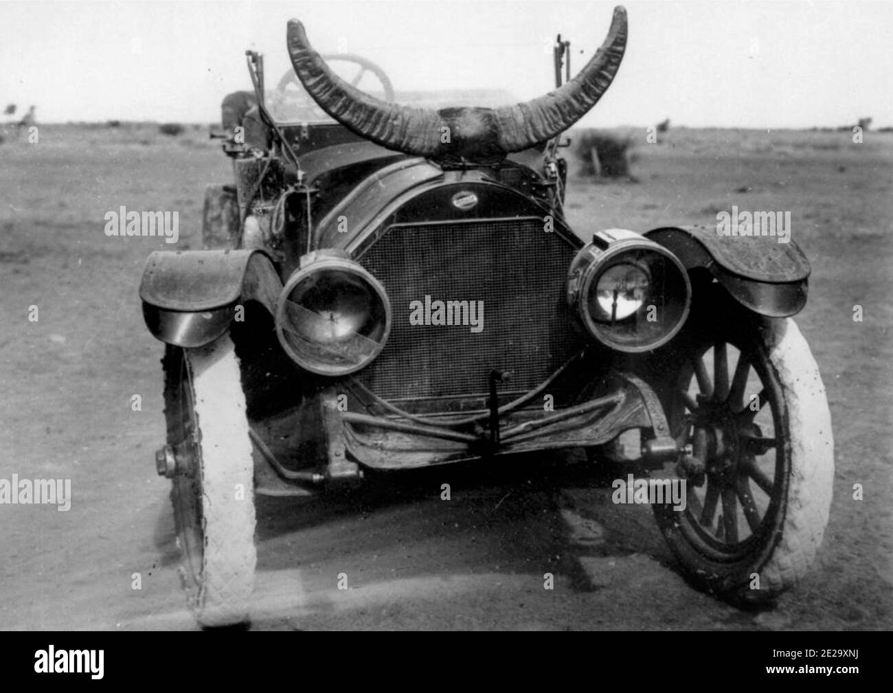 Vintage horned car photograph with the caption Overland in the Outback, possibly Hughenden area, 1915. Stock Photo