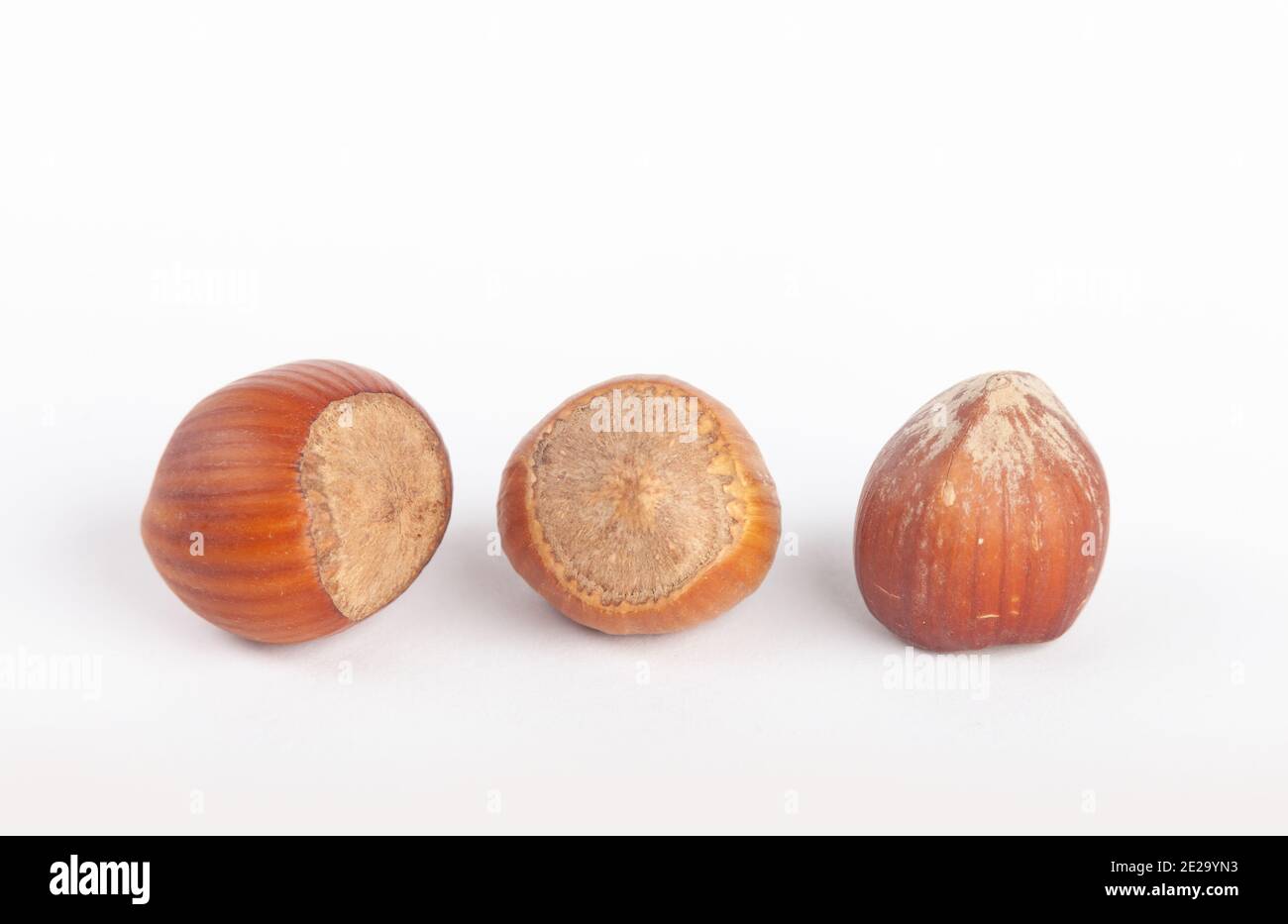 Three hazelnuts on a white background Stock Photo