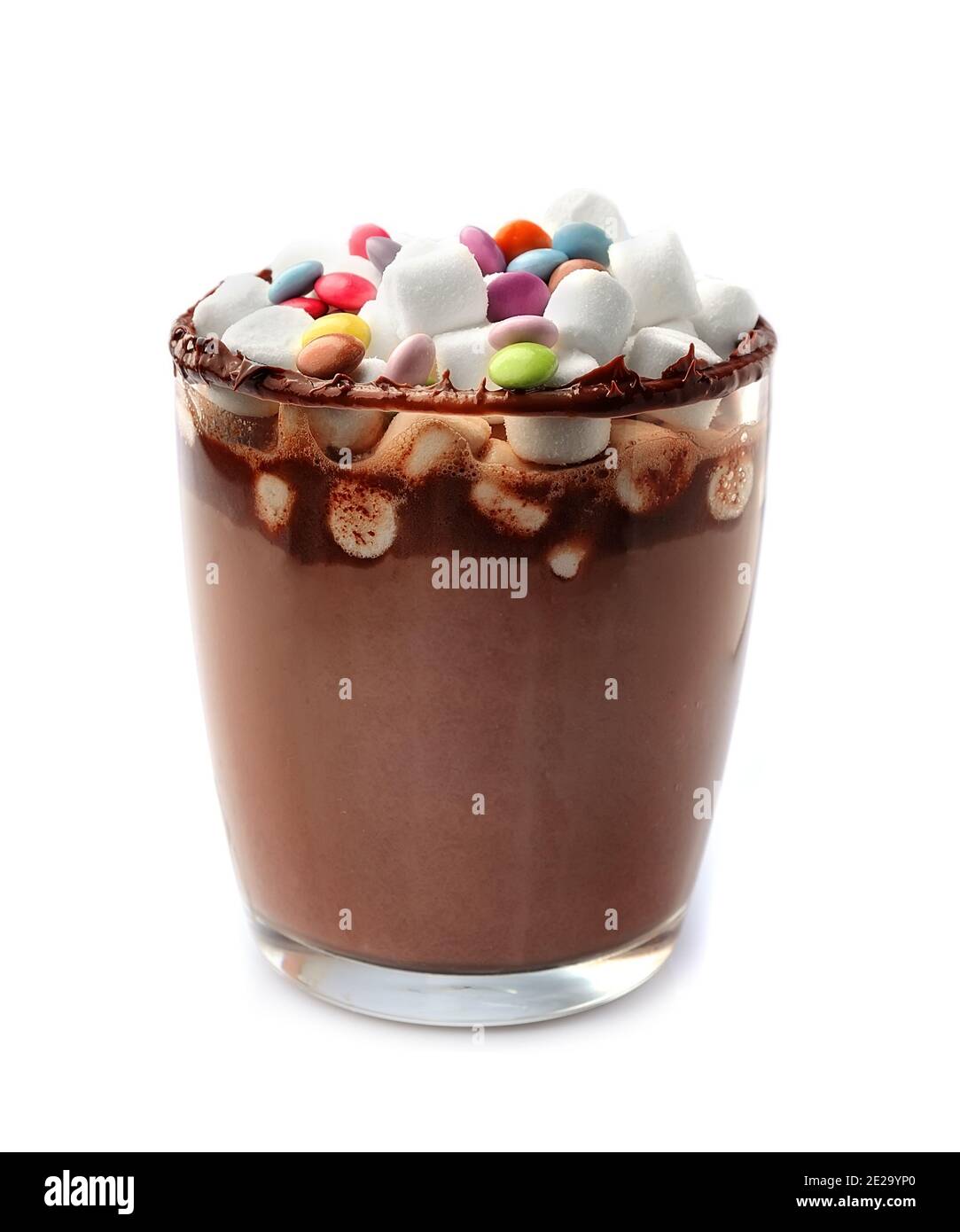 Cacao drink with marshmallows and candy on white background.Dessert