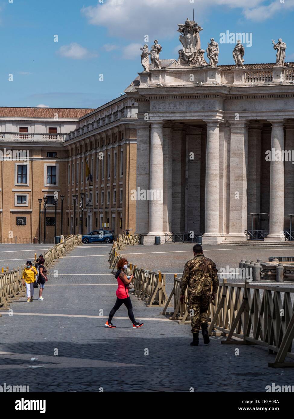 View of St. Peter's Basilica and St. peter's square at Vatican, Bernini's Colonnade Italy, Rome, Stock Photo