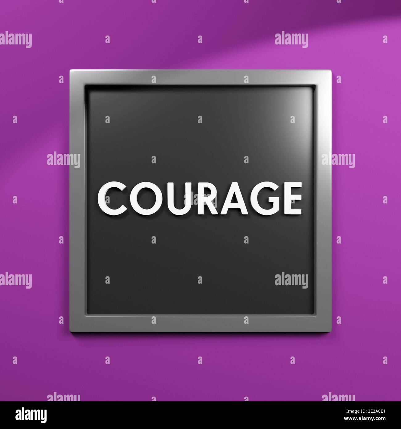 Courage, motivational encouraging quote or saying, message board with white letters and words on black background, 3D illustration Stock Photo