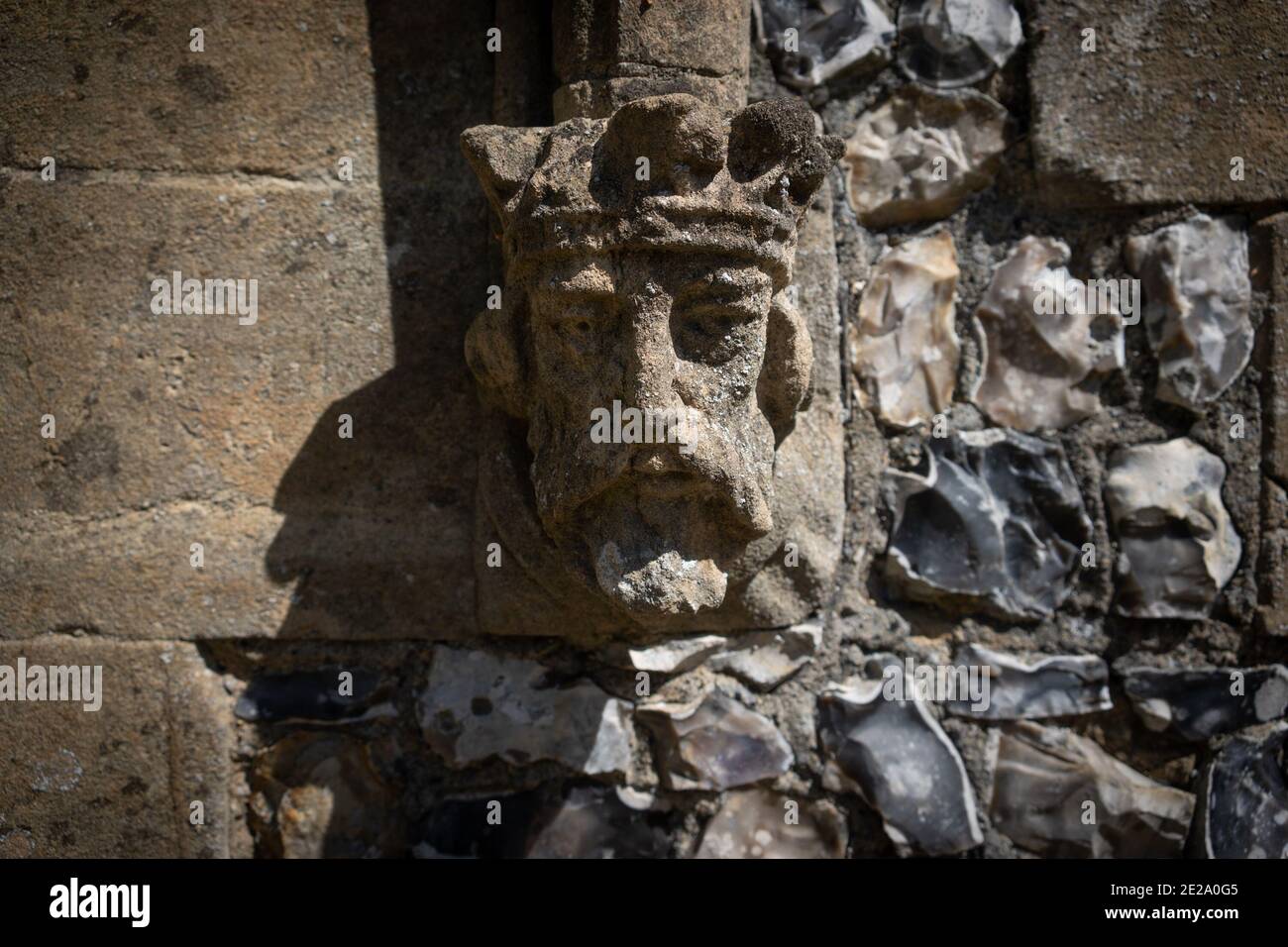 Walking with Barry and Ivy, June 2020     A carving on the exterior of St Lawrence Church in Cholesbury, England Stock Photo