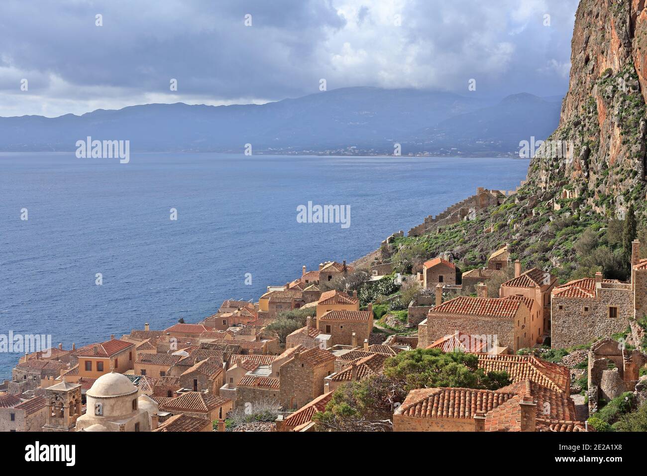 Monemvasia town, panoramic view from the top of the rock hill where this medieval town is built, in Laconia region, Peloponnese, Greece, Europe. Stock Photo