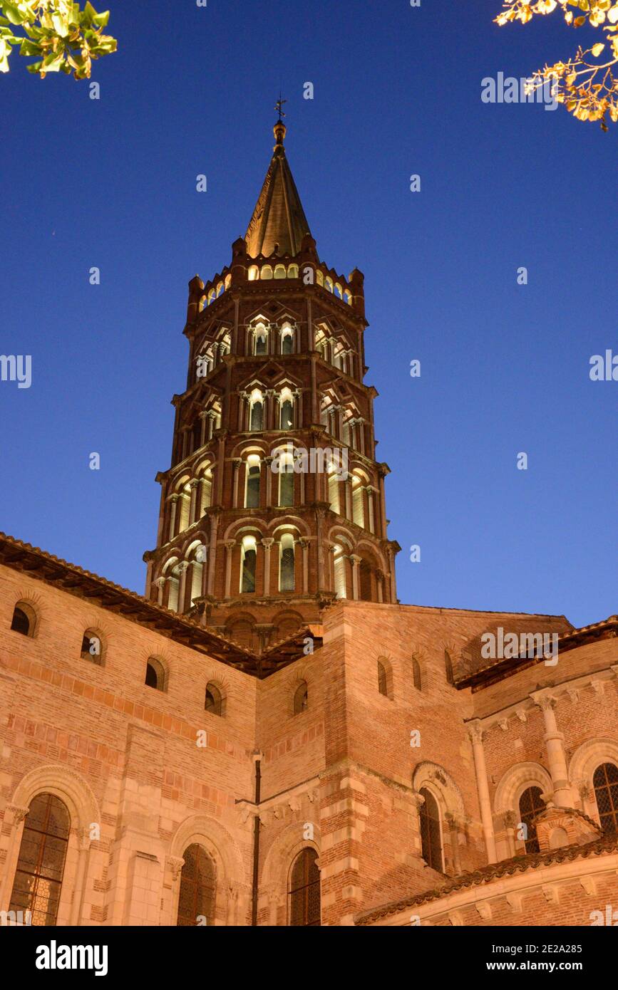 Saint Sernin Romanesque Church or Basilica of St Sernin at Dusk or Night Toulouse France Stock Photo