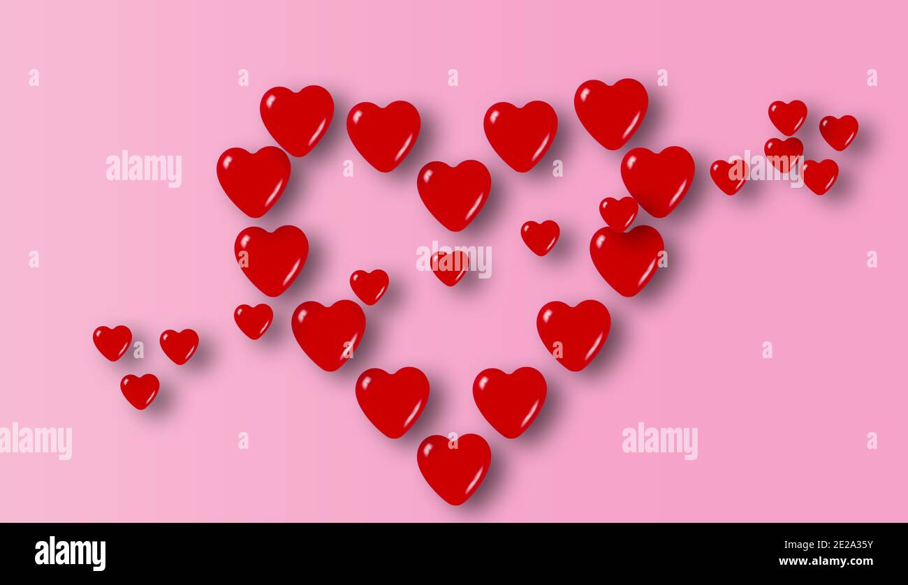 3D rendering of red hearts on a pink background with copyspace ...