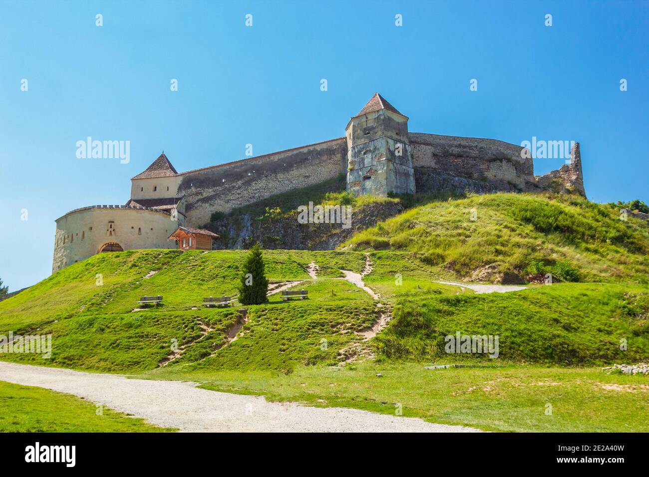 The inner courtyard of the Rasnov castle in Brasov county Stock Photo