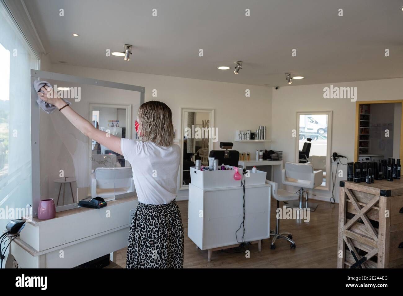 Coronavirus outbreak, Covid-19. Disinfection, deep cleaning of a hairdressing salon before its reopening in Saint-Donat (south-eastern France), on Jun Stock Photo