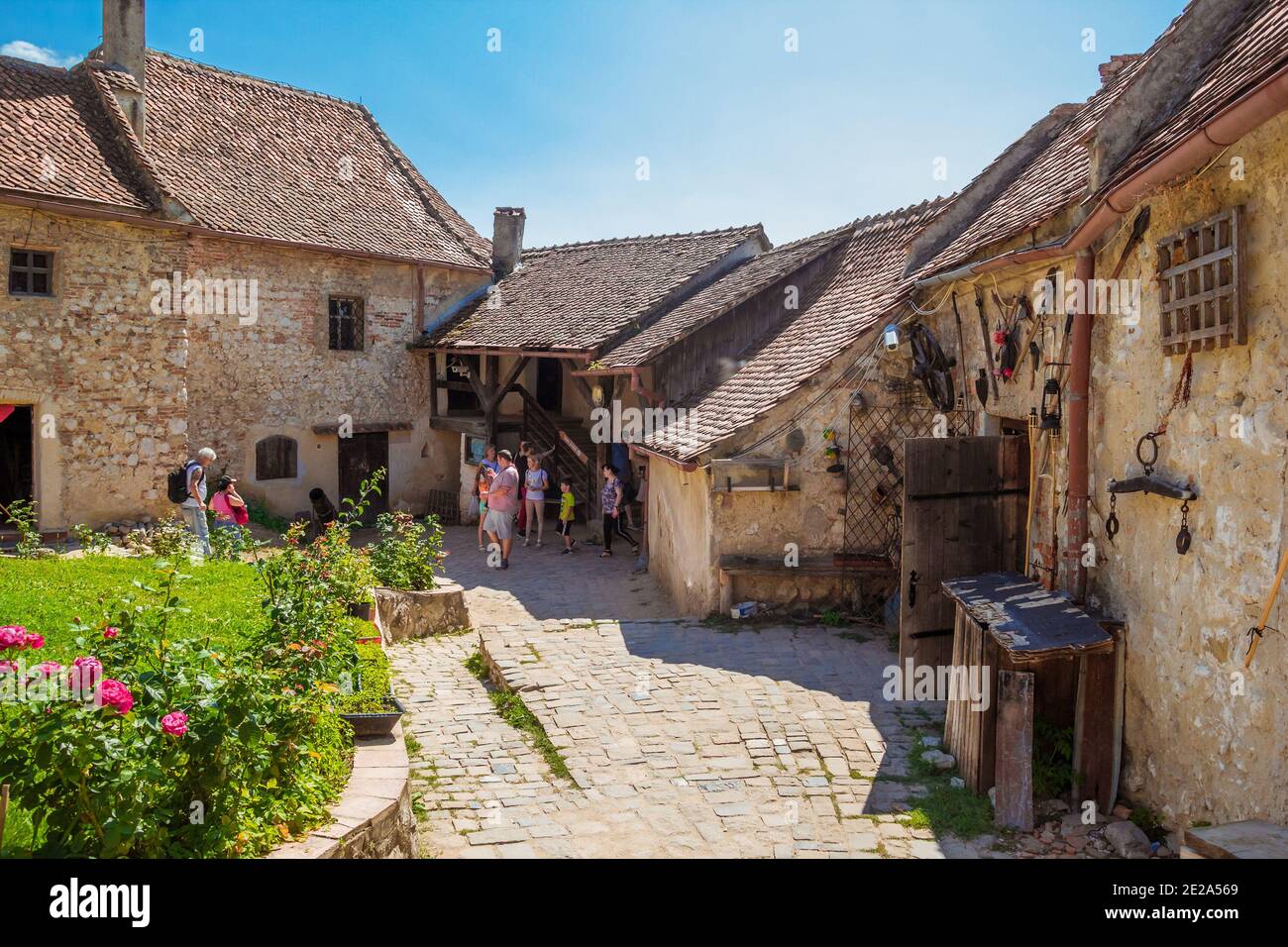 Inside courtyard and old houses of The Rasnov Citadel Stock Photo - Alamy